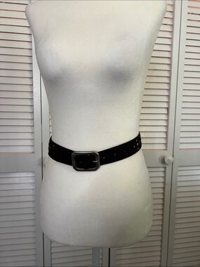 Vintage Brown Studded Suede Belt with Rectangular Buckle